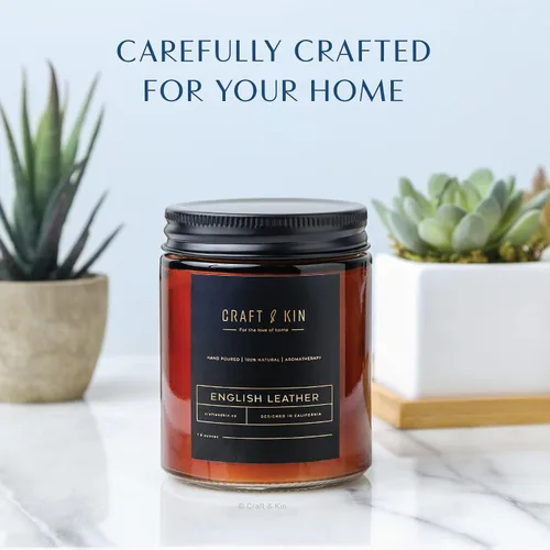 Vista 4 de Craft & Kin - Vela perfumada de cuero inglés de alta calidad, larga duración, 45 horas de tiempo de combustión, vela perfumada de soja natural