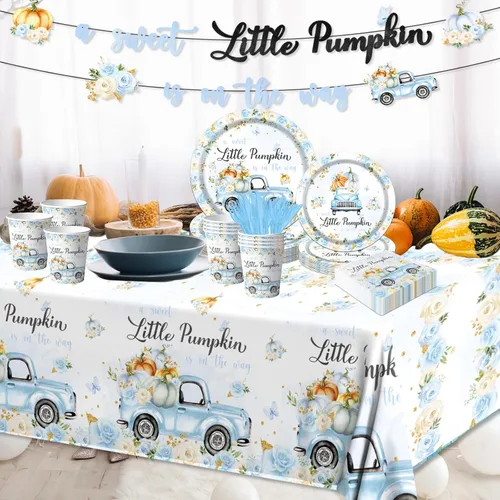 Vista 2 de Decoración de baby shower de calabaza, 142 piezas, una dulce pequeña calabaza está en camino, camión floral azul para niños, mantel desechable