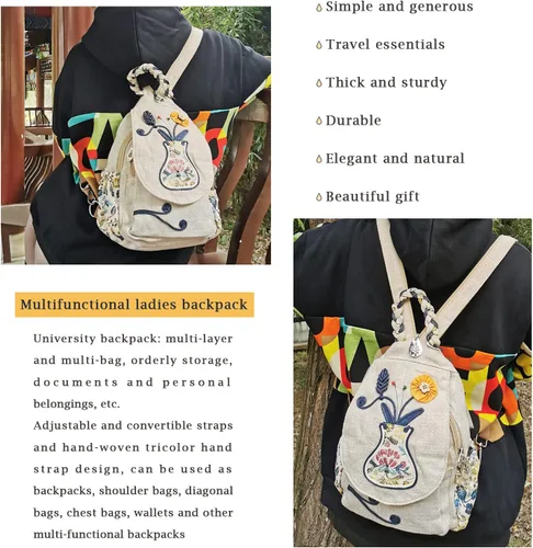 Vista 118 de HUANGGUOSHU Mochila de algodón tejida de algodón bohemio con bordado de lona estilo bohemio con múltiples bolsillos retro linda mochila cartera