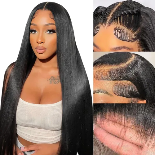 Vista 12 de Pelucas de cabello humano lacio prearrancado de 13 x 6 pulgadas, pelucas de cabello humano de densidad 200 HD transparente con encaje frontal