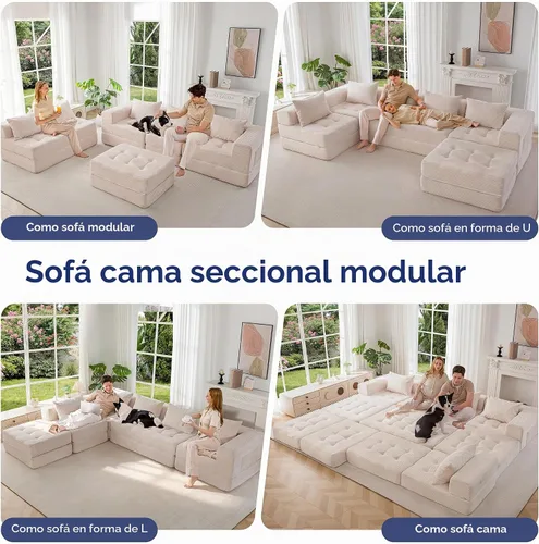 Vista 3 de MAXYOYO Sofá modular seccional, sofá plegable en forma de U con almohadas, sofá tumbona copetudo de 6 asientos sin huesos para sala de estar,