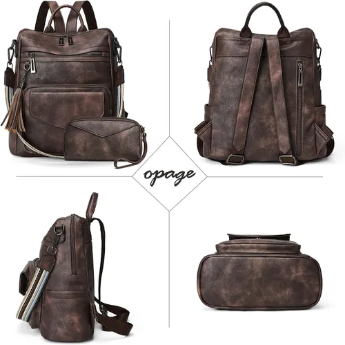 Vista 3 de OPAGE Mochila Bolso para Mujeres de Cuero Diseñador de Moda Mochila Bolso Mochila de Viaje Bolsas de Hombro para Damas con Muñequera, Mochilas