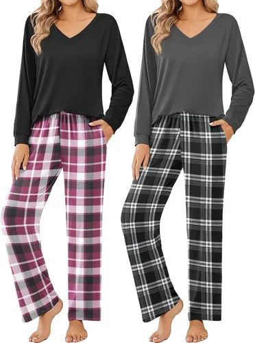 Vista 21 de Ekouaer Conjunto de 2 pijamas para mujer, pijamas de manga larga con camiseta y pantalones, cuello en V, pijamas suaves con bolsillos, ropa