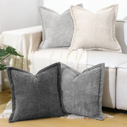 Vista 10 de Lewondr - Fundas de almohada de pana, juego de 4 fundas cuadradas de 22x22 pulgadas, con diseños a rayas modernas, para sofá, sala de estar, Marrón