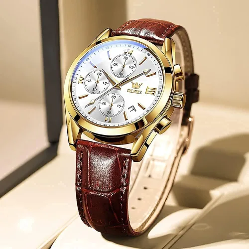 Vista 4 de OLEVS Reloj cronógrafo de cuarzo para hombre correa de cuero dorada con fecha de día reloj de pulsera de acero inoxidable impermeable relojes