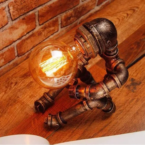 Vista 2 de Lámpara de mesa Steampunk, lámpara de mesa de robot industrial vintage, lámpara de mesa de tubería de agua, luz de escritorio estilo robot