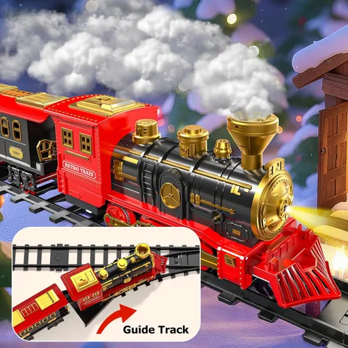Vista 4 de Juego de tren para niños de 3-5 4-7, juego de juguetes clásicos de tren eléctrico con motor de locomotora, luces y sonido con vapor, rieles