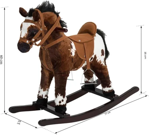 Vista 7 de Qaba Kids - Silla de montar de madera con peluche y mecedora con sonidos realistas, color marrón oscuro/blanco