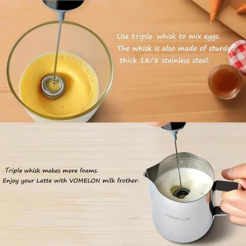 Vista 6 de Espumador de leche de mano, funciona con pilas, mezclador de bebidas con 2 batidores eléctricos de acero inoxidable para café, latte, capuchino