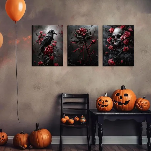Vista 5 de Juego de 3 lienzos góticos para pared, diseño de rosas románticas de Halloween, decoración de pared, pósteres de calavera de cuervo gótico oscuro