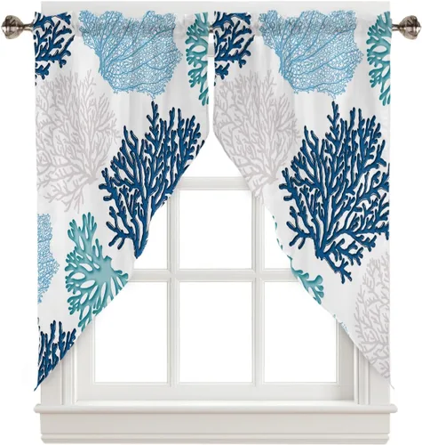 Vista 10 de Cenefa de amarre para ventanas, cortinas náuticas costeras de coral, cenefas con bolsillo para barra, cortinas de ventana con temática de playa