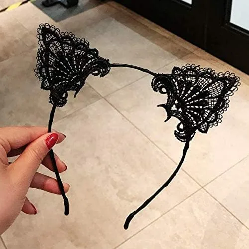 Vista 3 de Diadema de orejas de gato de encaje sexy, color negro, disfraz de cosplay, diadema de orejas de gato para mujeres atractivas y encantadoras