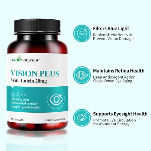 Vista 3 de AvailNaturals Vision Plus Vitaminas para los ojos con luteína 20 mg, extracto de arándano y arándano, antioxidantes clave para el apoyo a la salud
