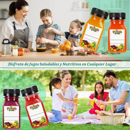 Vista 7 de 100 mini botellas de plástico para jugo de 4 onzas con tapas, botellas transparentes reutilizables con etiquetas, embudo y cepillo, adecuadas