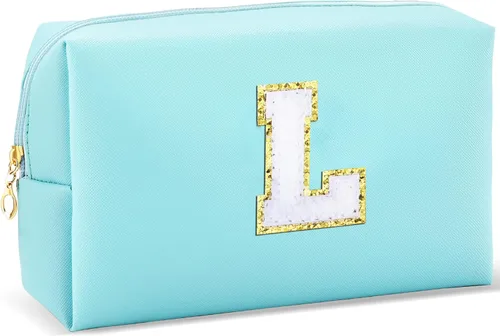 Vista 11 de URSKYTOUS Regalos para niñas, bolsa de maquillaje con inicial, bolsa de cosméticos personalizada con cremallera, bonita bolsa de aseo de viaje, Azul