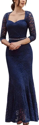 Vista 2 de Miusol Vestido largo de encaje retro con mangas 34 para mujer, diseño de cuentas