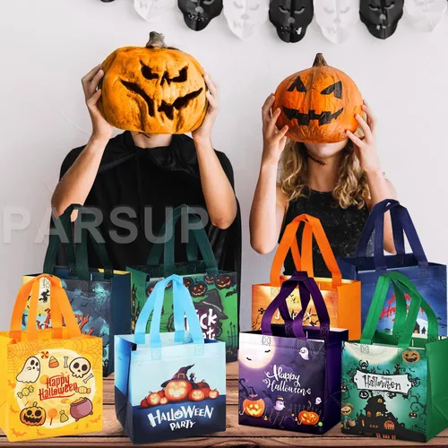 Vista 7 de PARSUP 8 bolsas de Halloween, bolsas de mano con asas, bolsas de regalo de bronce metálico, bolsas de regalo no tejidas para dulce o truco