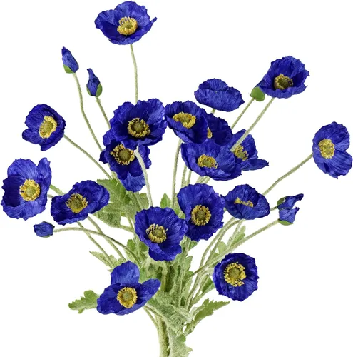 Vista 10 de FiveSeasonStuff Ramo de flores artificiales de amapolas de seda para recuerdo, hogar, boda, 22 pulgadas, 6 tallos (azul hielo antártico)