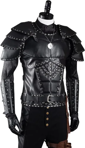 Vista 5 de Ruleewe Disfraz de lobo blanco para hombre, traje de cuero, conjunto completo de guerrero de Halloween