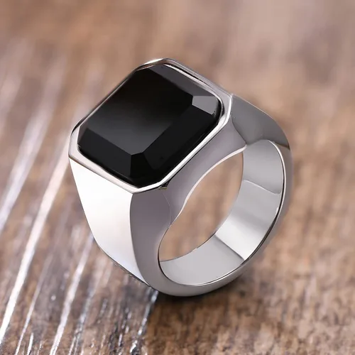 Vista 7 de Anillos de ónix negro para hombre, de acero inoxidable, con diseño de ágata cuadrada para hombres, anillo de pulgar meñique para papá, regalo