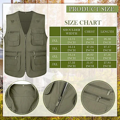 Vista 2 de Janmercy Chaleco de pesca de trabajo para hombre, 2 piezas, con sombrero, ligero, safari, viajes, caza, con múltiples bolsillos, sombrero de pesca