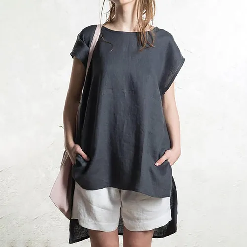 Vista 7 de Camisas de talla grande para mujer, de algodón, lino, sueltas, manga casquillo, cuello redondo, dobladillo irregular, blusas sin botones