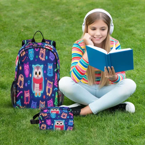 Vista 7 de Neon Owl Colorful Dark Blue Book Bags Para Niños Con Bolsa De Almuerzo Mochila Escolar Niños Con Lonchera 9-10 años mochilas y loncheras escolares
