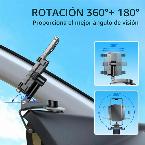 Vista 3 de Soporte universal de teléfono para tablero de instrumentos de 360°, soporte giratorio multifuncional para visera/retrovisor para teléfonos de 4 a 7