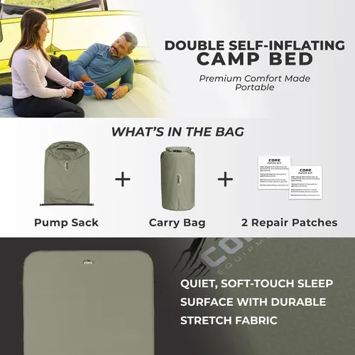 Vista 3 de CORE Cama de campamento doble autoinflable, colchón inflable perfecto para viajes, coche, camping y uso al aire libre, almohadilla inflable rellena