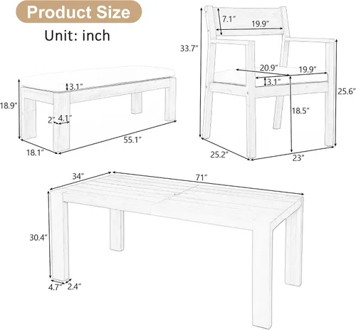 Vista 3 de RUNNA Juego de mesa de comedor de 6 piezas, juegos de muebles de exterior con agujero para paraguas, mesa rectangular de 71 pulgadas, sillas y banco