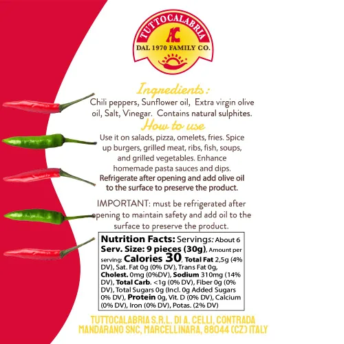 Vista 2 de TUTTOCALABRIA TuttoCalabria, Pimiento picante entero de Calabria, 285g (10.2oz), Calor intenso y equilibrado, Envasado en aceite de oliva extra