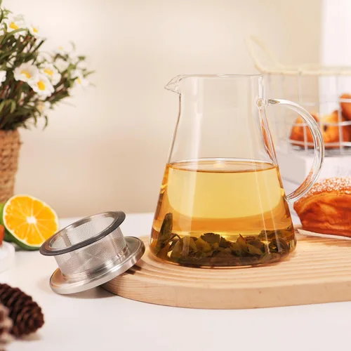 Vista 5 de CNGLASS Tetera de vidrio de 30.5 oz/900 ml segura para estufa, tetera de un toque transparente, tetera para té floreciente y de hojas sueltas