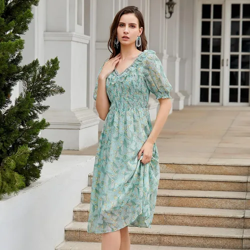 Vista 2 de Vestido bohemio para mujer, cuello en V, vestido floral de verano, vestido con volantes con manga abombada, vestido vintage de playa acampanado