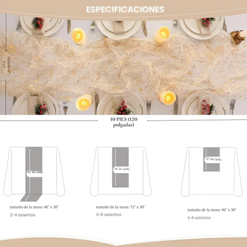 Vista 5 de Snowkingdom - Camino de mesa dorado de 10 pies, gasa transparente, chifón, tul, tela de queso, lentejuelas, purpurina, lámina metálica, decoraciones