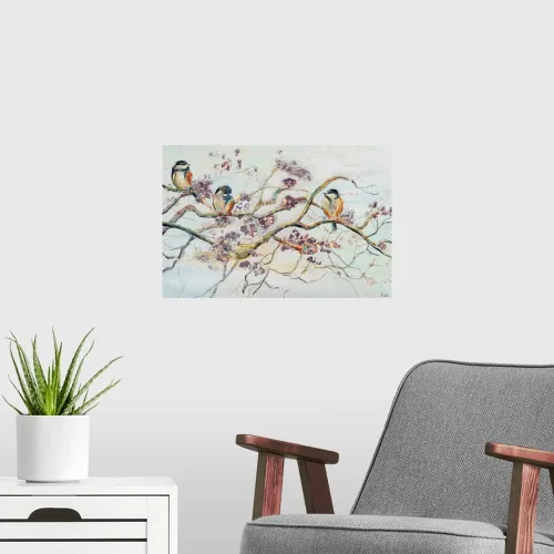 Vista 3 de Vinilo decorativo para pared, diseño de pájaros en flor de cerezo