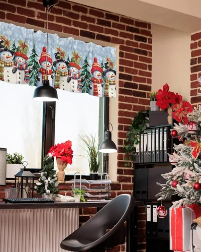 Vista 12 de Cenefa de cortina con lazo rojo de Navidad para ventanas, sala de estar, cocina, baño, granja, bolas de Navidad de acuarela con diseño de bayas