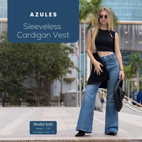 Vista 2 de Azules Cárdigan largo sin mangas para mujer con bolsillos, ligero frente abierto, capa elegante y fluida para el trabajo o uso casual