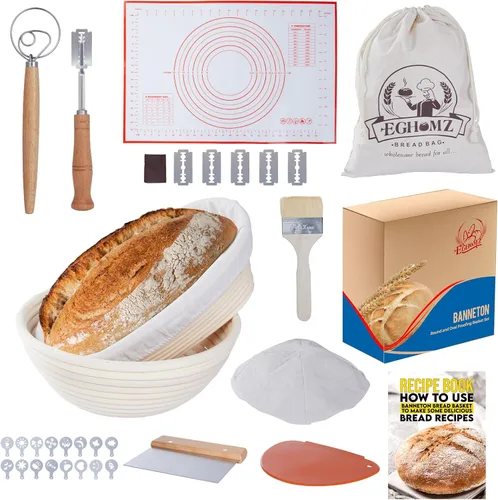 Vista 10 de Banneton - Juego de 17 cestas a prueba de pan Banneton, cestas redondas de 9 y 10 pulgadas a prueba de pan, un kit completo para hacer pan, batidor