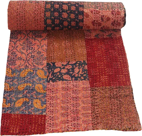 Vista 27 de Marubhumi Colchas hechas a mano tradicional de algodón puro con estampado de cachemira Kantha, funda de cama reversible con estampado de cachemira