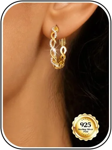 Vista 12 de Aretes de aro grandes de plata de ley 925 para mujer, 0.787/1.181/1.575 Circonita trenzada dorada