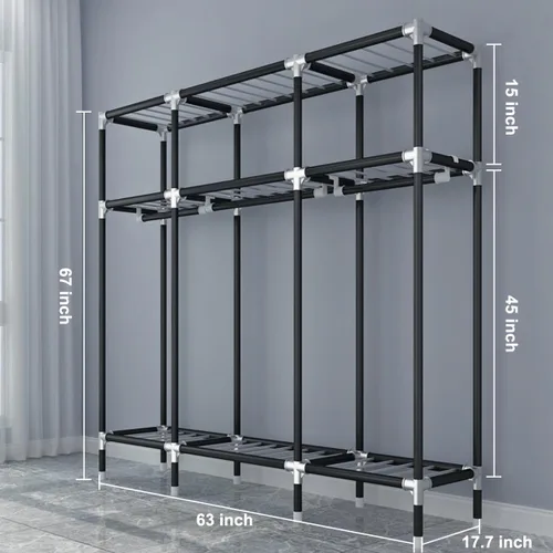 Vista 2 de Armario portátil para colgar ropa, 67 x 17.7 x 63 pulgadas, armario cubierto con conectores de acero aleado, cubierta no tejida, gran capacidad