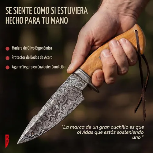 Vista 10 de BIGCAT ROAR Predator Hunter - Cuchillo de hoja fija de acero de Damasco hecho a mano de 10" - Mango de madera de olivo y funda de piel para cinturón