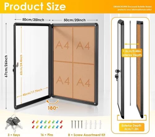 Vista 2 de Swansea - Tablero de anuncios de corcho con cierre Tamperproof, Shatter Resistant, Wall-mounted, Black Aluminum Frame, Display Board for Office