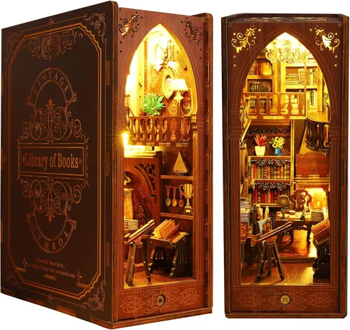 Vista 10 de Spilay Kit de rincón de libros para adultos, kit de casa de muñecas en miniatura con luz LED, rompecabezas de madera 3D, decoración creativa