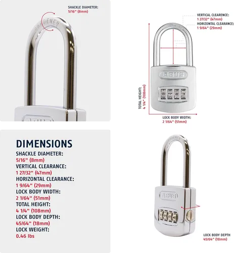 Vista 2 de ABUS 160/50HB50 Candado combinado cromado reajustable resistente a la intemperie, 4 diales, con grillete largo de 2 pulgadas