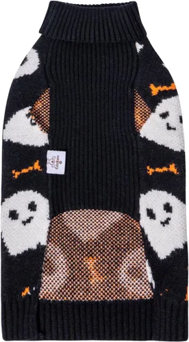 Vista 6 de CuteBone Suéter de calavera de Halloween para perros pequeños, cuello alto, ropa de invierno para mascotas, ropa de gato con agujero para arnés