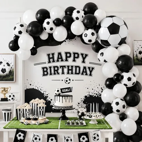 Vista 5 de Globos de fútbol, globos de látex blanco y negro de 12 pulgadas con balón de fútbol de 22 pulgadas, globo de aluminio 4D para niños, decoración