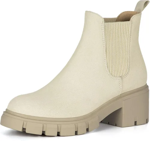 Vista 9 de Athlefit Botas Chelsea para Mujer con Suela Rugosa de Moda, Tacón Grueso, Botines de Tobillo Elásticos sin Cordones Albaricoque