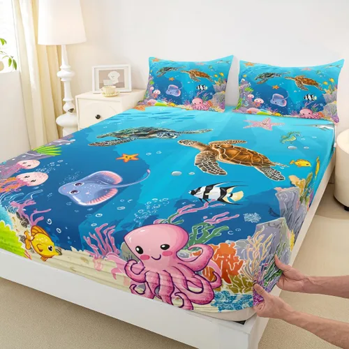 Vista 13 de Homewish Axolotl - Sábana bajera ajustable Kawaii para niños, tamaño individual, juego de ropa de cama de teñido anudado con pintura de acuarela
