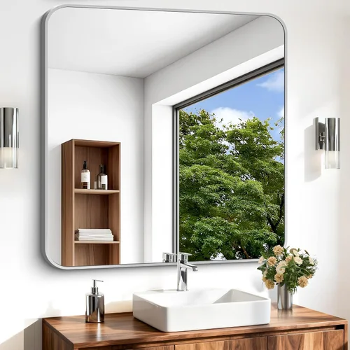 Vista 22 de Espejo de baño negro, espejos cuadrados de 18 x 18 pulgadas para pared, marco de metal, espejo de tocador de esquina redondeada para sobre
